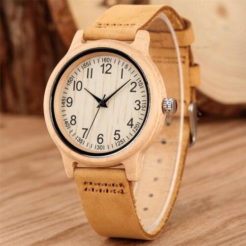 Arabic Numerals Display Maple Wood Watch Ladies Quartz Brown Genuine Leather Watchband Womens Wooden Timepiece Gifts