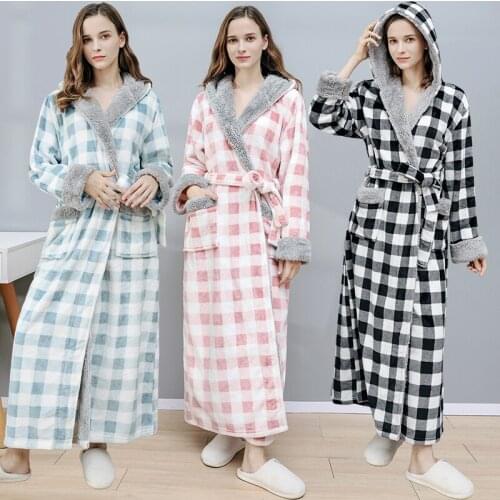 Women Thick Warm Flannel Bathrobe Extra Long Kimono Coral Fleece Bath Robe Plus Size Long Sleeve Robe Men Hooded Plaid Sleepwear