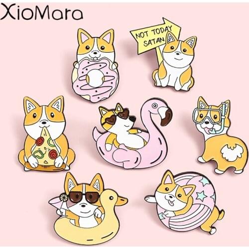 Corgis Daily Eating Exercise Enamel Pins Cartoon Dogs Brooches Lapel Badges Wholesale Trendy Cute Pin Jewelry Gifts for Friends