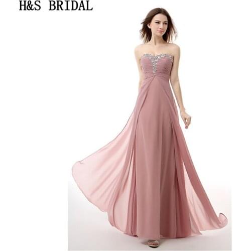 H&S BRIDAL Sweetheart Crystal Beaded Evening Dress Pink Chiffon evening party robe de soiree evening dresses long 2017