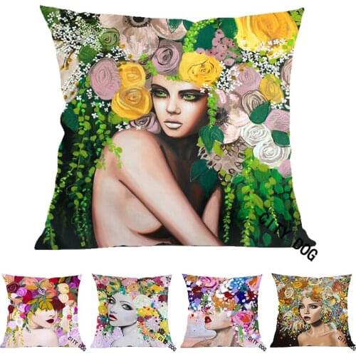 Woman with beautiful flowers painting Photographs Home Decorative Sofa 45*45CM Pillow Case Watercolo painting Cushion Cover