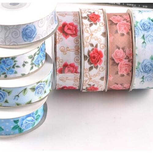 Flower Rose Printed Grosgrain Ribbons For Crafts DIY Sewing Textile Fabric Wedding Decoration Handmade Material 1" (25) Mm C2423