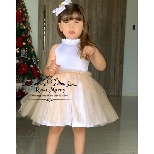 Lovely Cheap Knee Length Flower Girls Dresses for Weddings 2020 Ball Gown High Neck Ruffles First Holy Communion Party Gowns