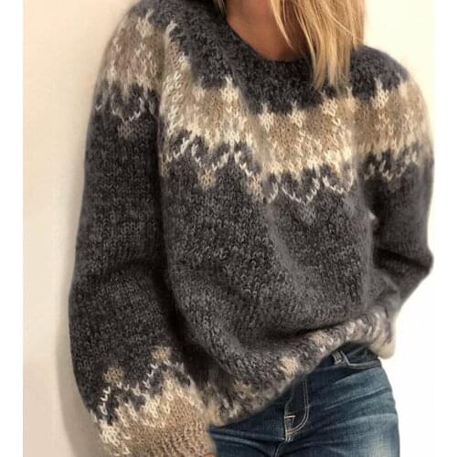 Fashion O-neck Argyle Oversized Knitted Sweater Women Winter Clothes Vintage Casual Long Sleeve Thick Jumpers Pullovers Female