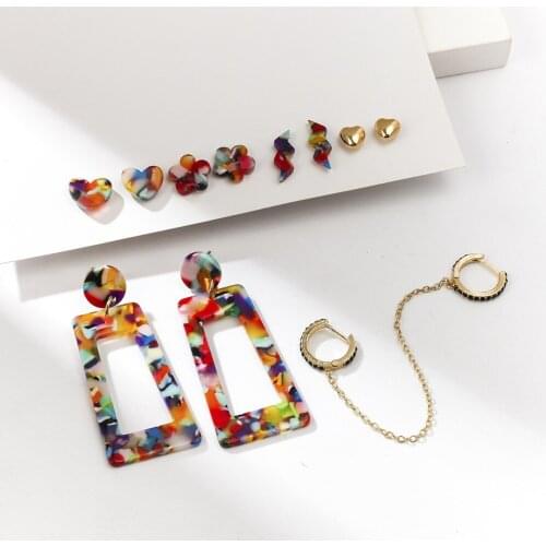 Bohemian Colorful Big Stud Earrings Set Statement Acrylic Square Round Earrings for Women Heart Butterfly Ear Ring