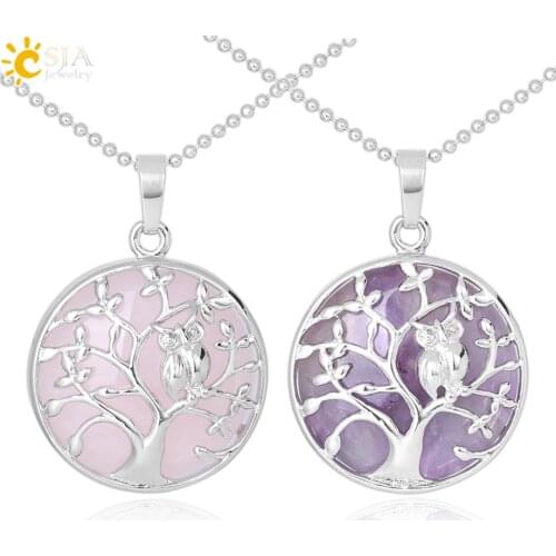 CSJA Natural Stone Jewelry Pendant Necklace Bird Owl on Tree of Life Women Necklaces & Pendants Trendy Jewellery for Summer F343