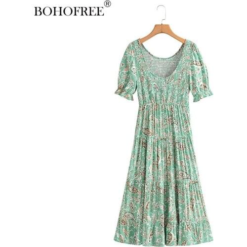 Rayon Printed Holiday Hippie Dresses Summer Womens New Puff Sleeve Printed Short Sleeve Dress