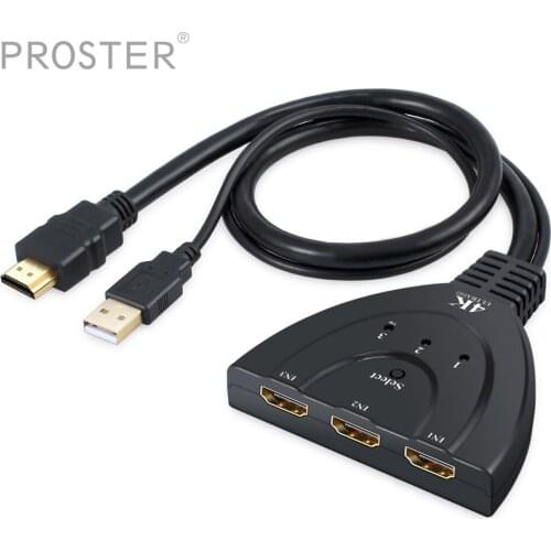PROSTER 3 Port HDMI Switch HDMI Switcher HDMI Hub 3 In 1 Out with USB Power Cable 4K 3D for Blu-ray