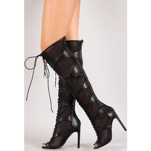 Chic Ladies Black Mesh Leather Patchwork Lace up Boots Women Thin High Heel Peep toe Knee Boots Mujer Shoes Woman Summer Boots