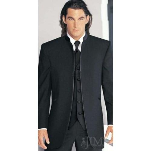 CUSTOM MADE Black New Groom Tuxedos Mandarin Collar Groomsmen Men Wedding Suits(Jacket+Pants+Tie+Vest)/BEST MAN SUITSwedding men