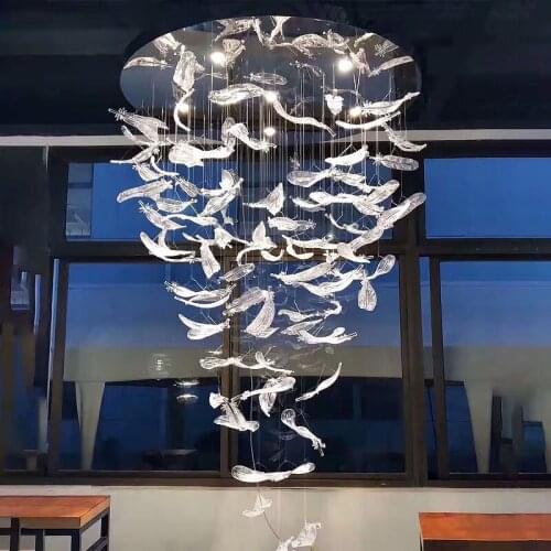 Feather glass loft chandelier new design staircase hanging lamp villa theater project customization large ceiling led chandelier