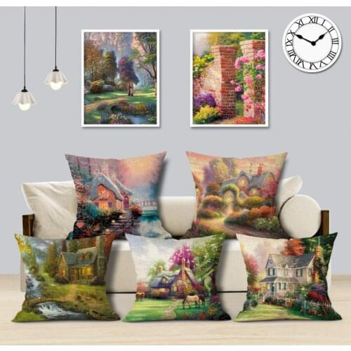 Thomas Art Style Dreamlike Countryside Scenic Oil Painting Cozy Cottage Flowers Home Art Pillow Case Linen Sofa Cushion Cover