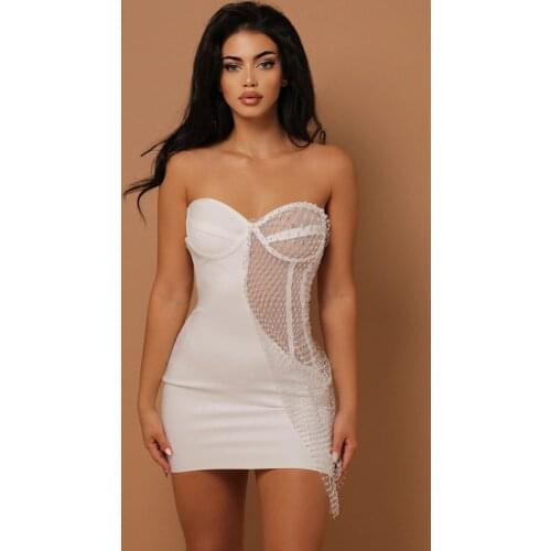 2021 New Women Winter Fashion High Quality White Strapless Mesh Crystals bandage Dresses Wholesale