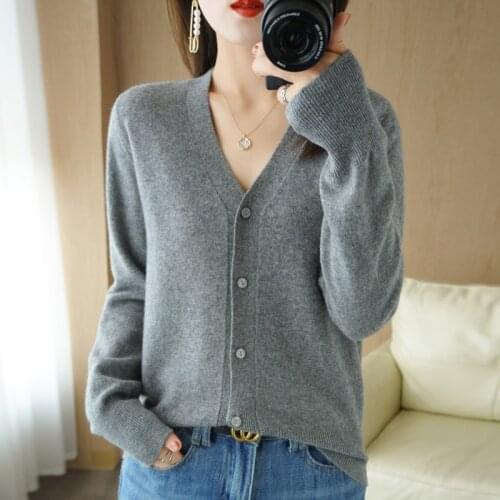 100% Pure Wool Sweater Woman V-Neck Cardigan Autumn/Winter 2021 New Cashmere Sweater Casual Knitted Tops Female Jacket Hot Warm