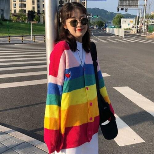 2021 Spring Cardigan Women Knitwear Harajuku Striped Rainbow Long Sleeve Sweater Coats Female Pull Loose Letter Knitted Jumper