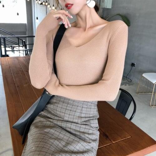 2021 Spring Autumn Women V-neck Pullover Female Long Sleeve Knitted Ribbed Sweater Casual Slim Bottoming Sweaters