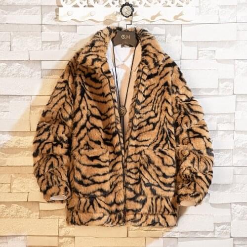 Winter Mens Faux Fur Tiger Pattern Thick Warm Cotton-padded Coat Brown White G4