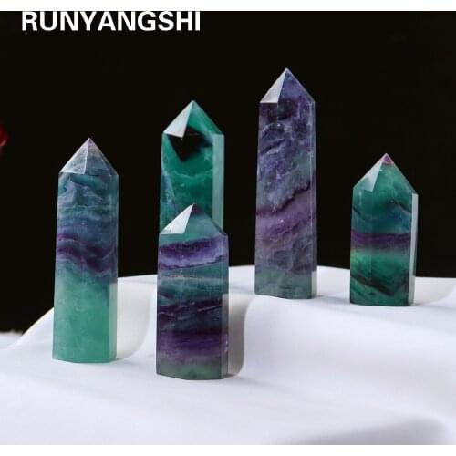 1pc Natural Crystal Colorful Stripes Gem Point Rainbow Fluorite Column Energy Quartz Tower Decoration