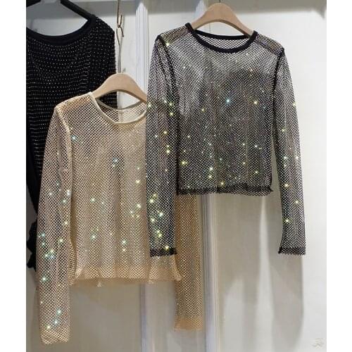 ColorShiny Diamonds Electric syllable Basic Shirt Ladies Temperament Slim Crystal round Neck Long-Sleeved Sexy Party Club Top