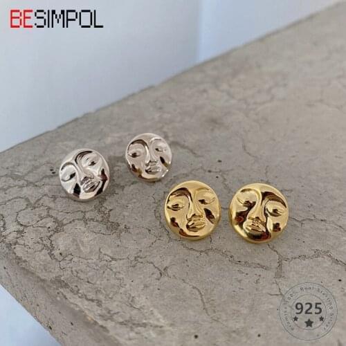 Besimpol 100% Real 925 Sterling Silver Stud Earrings Simple Funny Human Face Earrings For Women Luxury Fine Jewelry Party Gifts