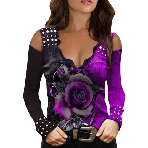 Off Shoulder Blouse Womens Tops And Blouses Womens Fashion Loose Print V-neck Long Sleeve Blouse Tops Blusas Mujer De Moda 2021