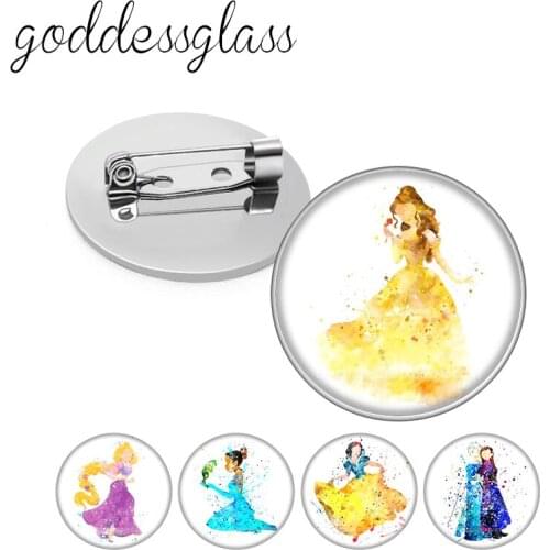 Disney Princess Belle Elsa Anna Cinderella Round Glass cabochon Silver color Brooch Dome Photo Jewelry Brooches Pin For Gift