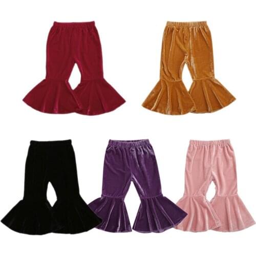 2021 Children Autumn Velvet Flare Pants Solid Color Elastic Waistband High Waist Trousers Girls Vintage Winter Warm Sweatpants
