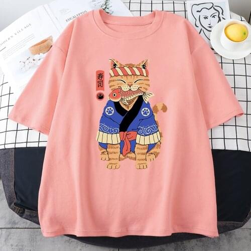 Japanese Cartoon Fish Cat Prints T-shirt Men 2021 Summer Clothes Oversized Tee Shirt Fitness Tops Mens Clothing Brand Streetwear