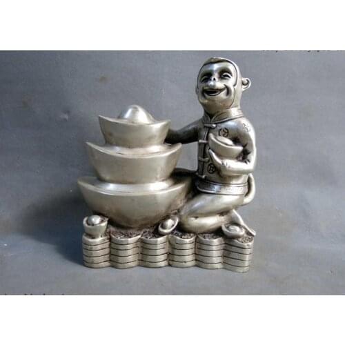 China silver carved fine sculpture Yuan Bao money luck monkey statue