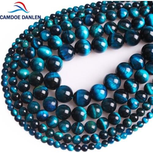 CAMDOE DANLEN Natural Stone Blue Zircon Tiger Eye Round Beads 4 6 8 10 12 MM DIY bracelet Necklace For Jewelry Making Wholesale
