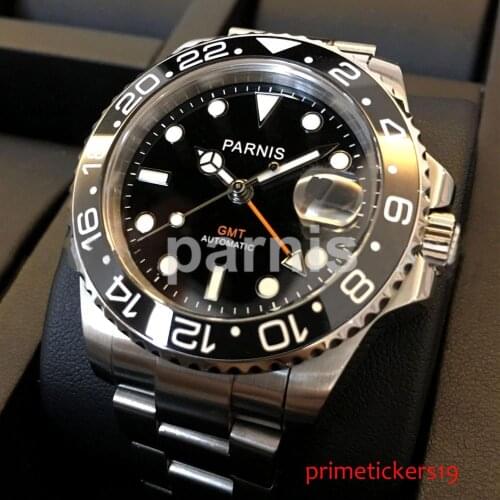 40mm PARNIS black dial sapphire glass ceramic bezel automatic mens watch GMT watch stainless steel strap