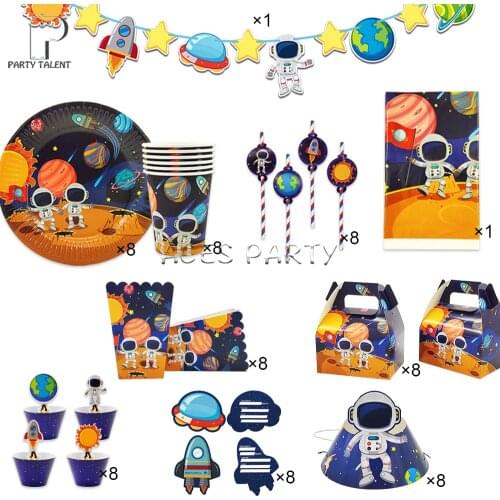 74pcs for 8 kids Boys Astronaut Solar Space Theme Birthday Party Supplies Tableware Set Plate Glass Straw Banner Tablecloth Etc