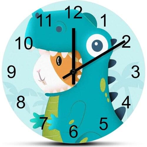 Dinosaur Cartoon Art Printed Wall Clock Boys Room Decor Jurassic Timepieces Silent Move Wall Watch Nursery Childrens Wall Art