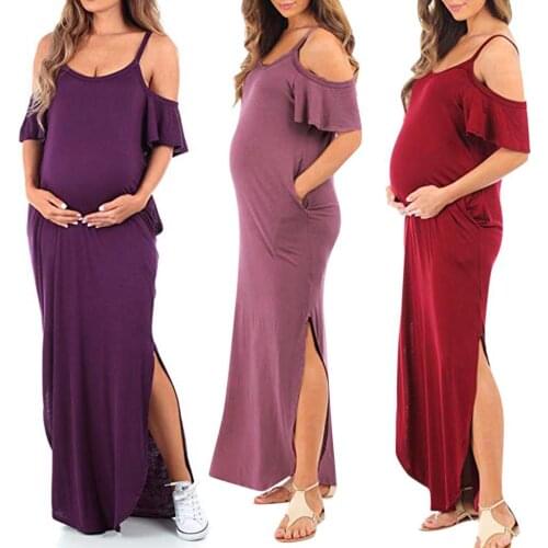 2020 new Round neck irregular long dress Solid color split pregnant women dress Sexy Women clothes Maternity dress Q0606