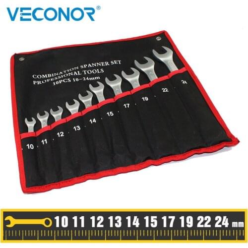 New Combo Wrench Set 10 Pieces, Open And Box End, Metric Mm 10, 11, 12, 13, 14, 15, 17, 19, 22, 24, Chrome Vanadium
