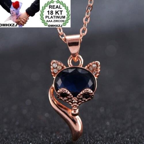 OMHXZJ Wholesale European Fashion Woman Girl Party Wedding Gift Fox Blue AAA Zircon 18KT Rose Gold Necklace Pendant Charm CA177