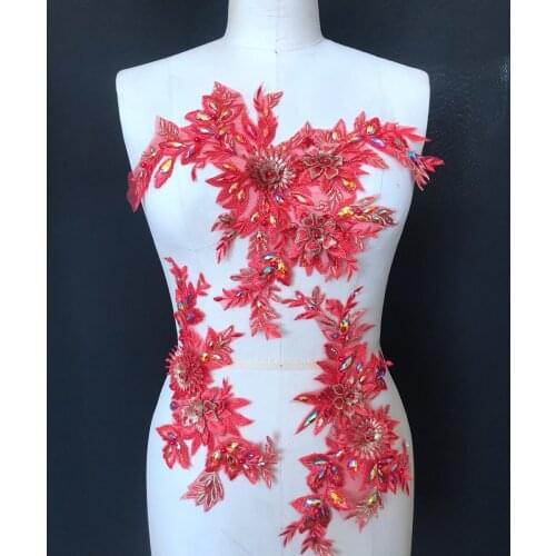 Sew on rhinestones Three-dimensional flower patches red lace applique for dress DIY accessories