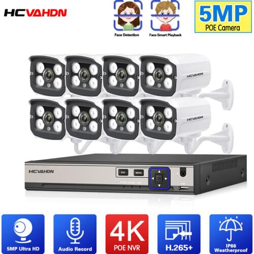H.265+ 8CH 5MP POE Audio Security System NVR Kit POE IP Camera IR Outdoor IP66 Face Detection CCTV Video Surveillance NVR Set 4K