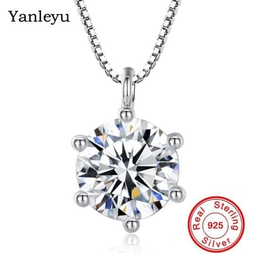 Yanleyu Classic 6 Claws 8mm Round Cubic Zircon Pendant Necklace for Women 925 Sterling Silver Wedding Jewelry Accessories PN024
