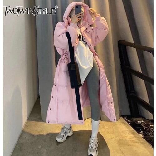 TWOTWINSTYLE Thin And Light Womens Long Coat With Hat Long Sleeve High Waist Loose Solid Color Womens Winter Jacket Fashion