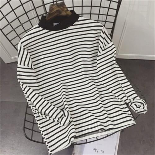 T-shirt Women Long Sleeve Striped O-neck Soft Womens T-shirts All-match Leisure Simple Trendy Students Kawaii Female Clothing