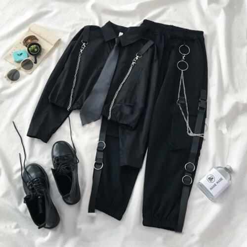 Women Sets New Style Suit Korean Loose Tie Shirt + High-Waisted Two-Piece Personality Overalls Vintage Harajuku Dropshippin Punk