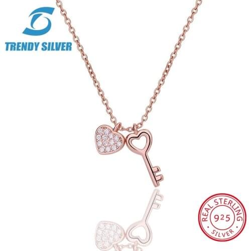925 sterling silver necklace chain for women woman rose gold plated pendant jewelry pave CZ heart key love gift