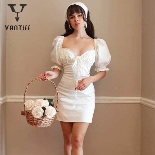 Summer Vintage Elegant Black Gothic Dress Goth Sexy Summer Pure Color Slim Sexy Dress Women French Cup Puff Sleeve Skirt