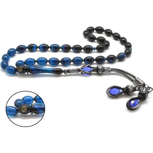 1000 Ayar Gümüş Kazaz Püsküllü Arpa Kesim Süzme Mavi Sıkma Kehribar Tesbih