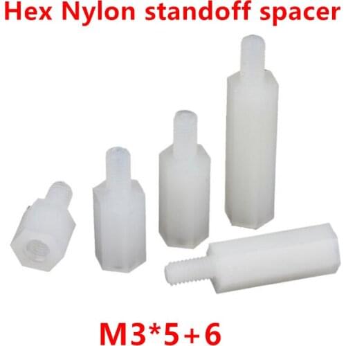 500pcs/lot M3*5+6 Nylon Hex Standoff Spacer M3 Male x M3 Female 5mm Length Metric Thread