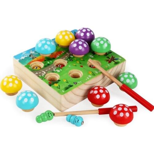 Baby Wooden Montessori Toys Magnetic Fishing Toys Mushroom Forest Catch Worm Game Educational Puzzle Toys For Children Girl Gift