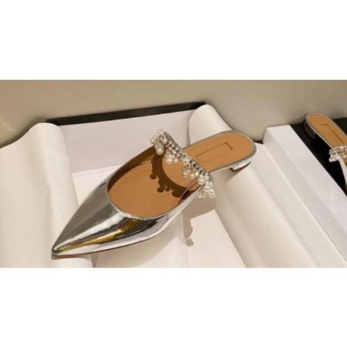 Dipsloot New Girls Sliver Patent Leather Diamond Chains Slip On Casual Slippers Woman Crystal Bling Pointed Toe Mules Shoes