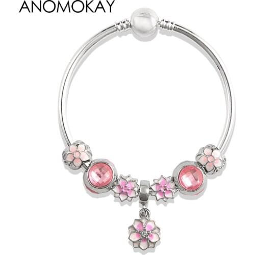 European & American Romantic Pink Cherry Blossoms Charm Bracelet & Bangle Simple Style Silver Color Diy Bead Bangle Gift