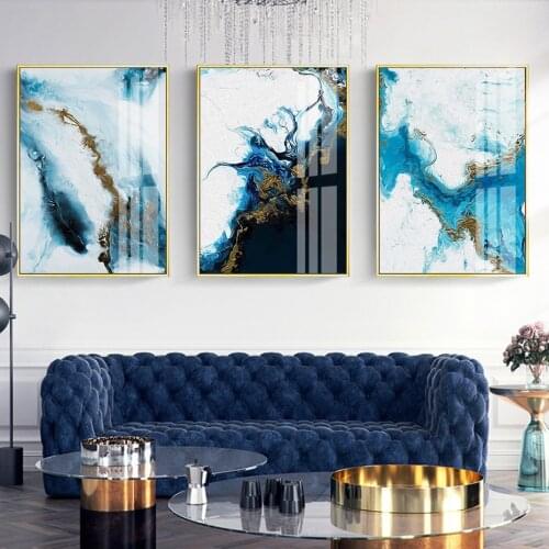 Modern Abstract Blue Marble Background Matt Gold Nordic Style Canvas Painting Living Room Home Wall Art Decor Poster Pictures